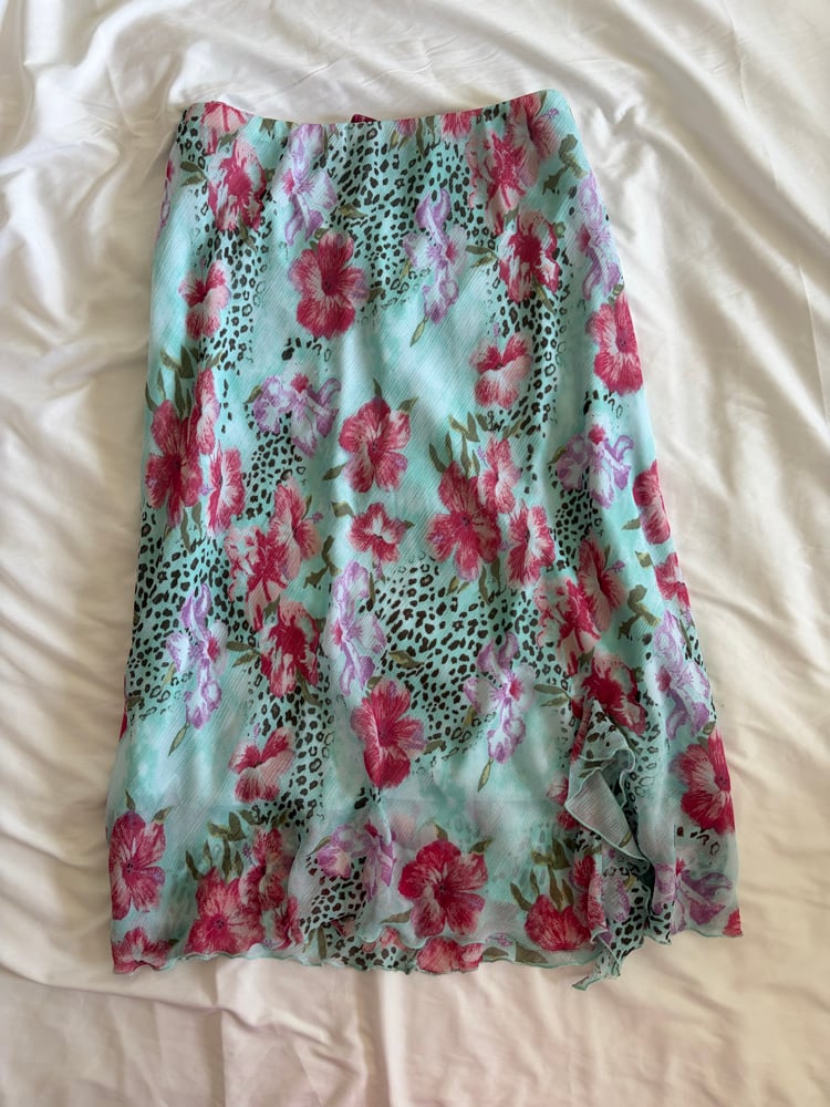 Vintage Y2K  turquoise blue floral and leopard print floaty midi skirt 