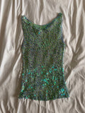 Vintage Y2K turquoise boat neck iridescent sequin crochet cami