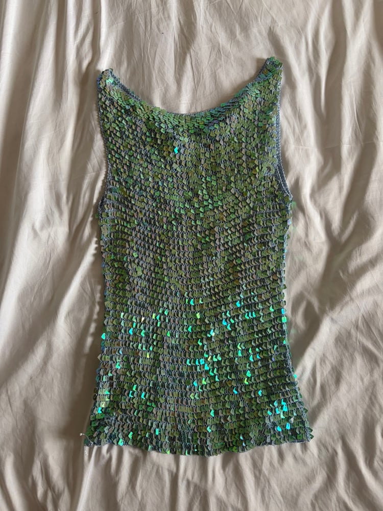 Vintage Y2K turquoise boat neck iridescent sequin crochet cami