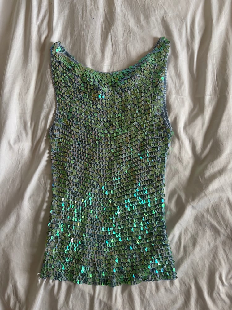 Vintage Y2K turquoise boat neck iridescent sequin crochet cami