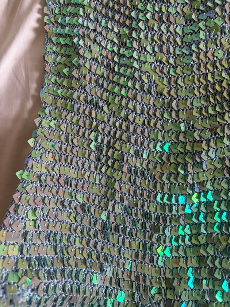 Vintage Y2K turquoise boat neck iridescent sequin crochet cami