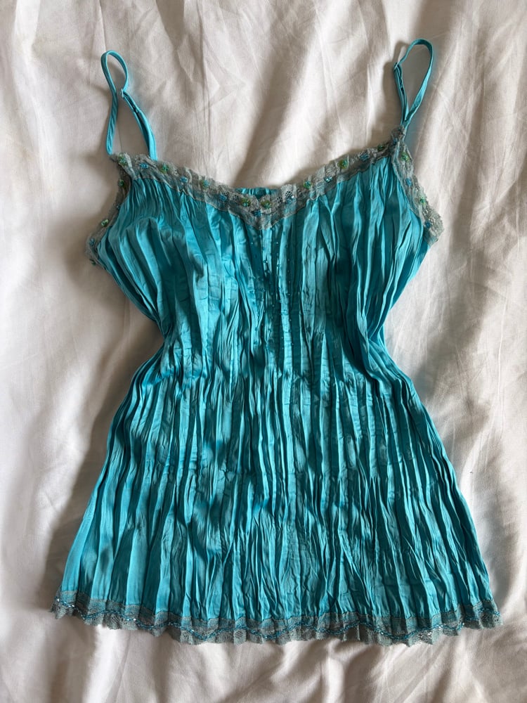 Vintage Y2K turquoise crinkle cami with sequin detail and beading on the bust