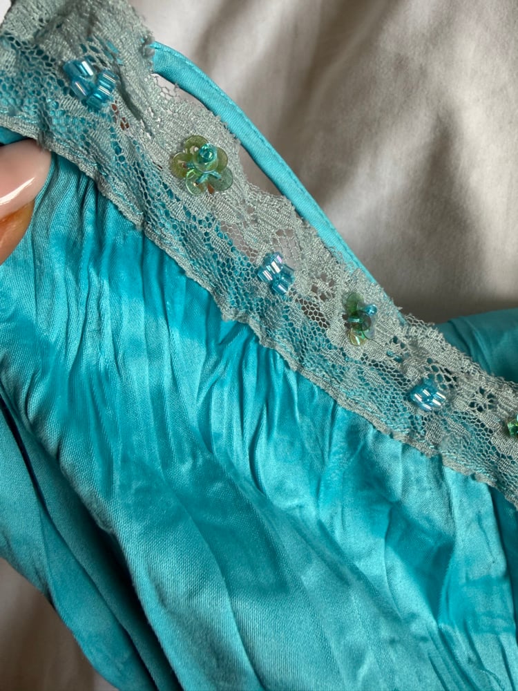 Vintage Y2K turquoise crinkle cami with sequin detail and beading on the bust