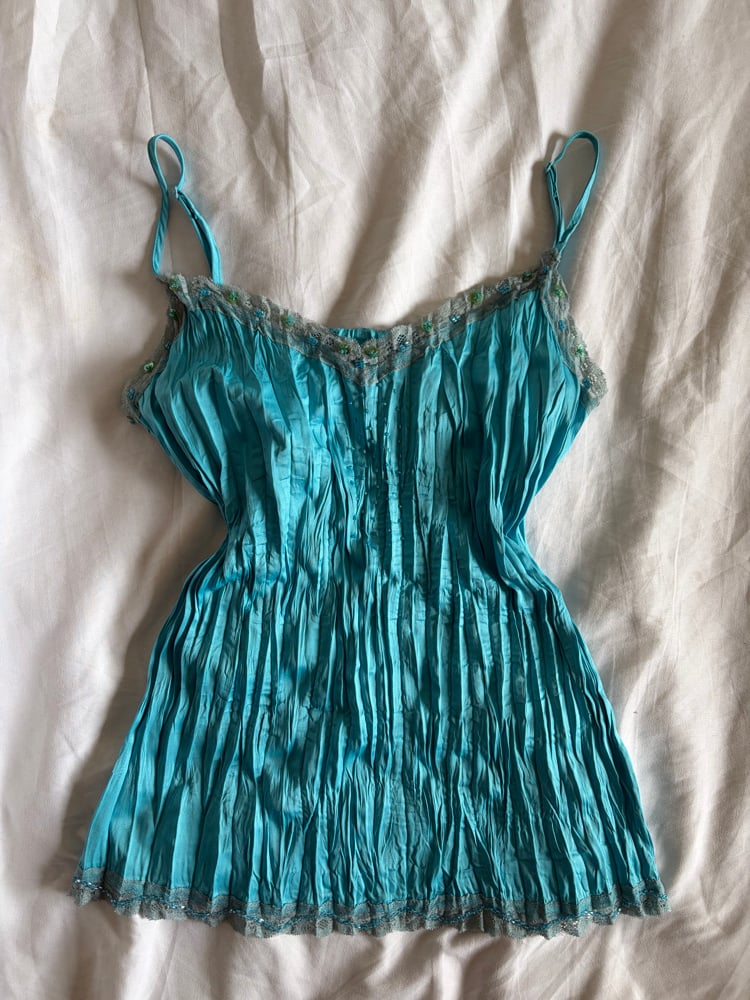 Vintage Y2K turquoise crinkle cami with sequin detail and beading on the bust