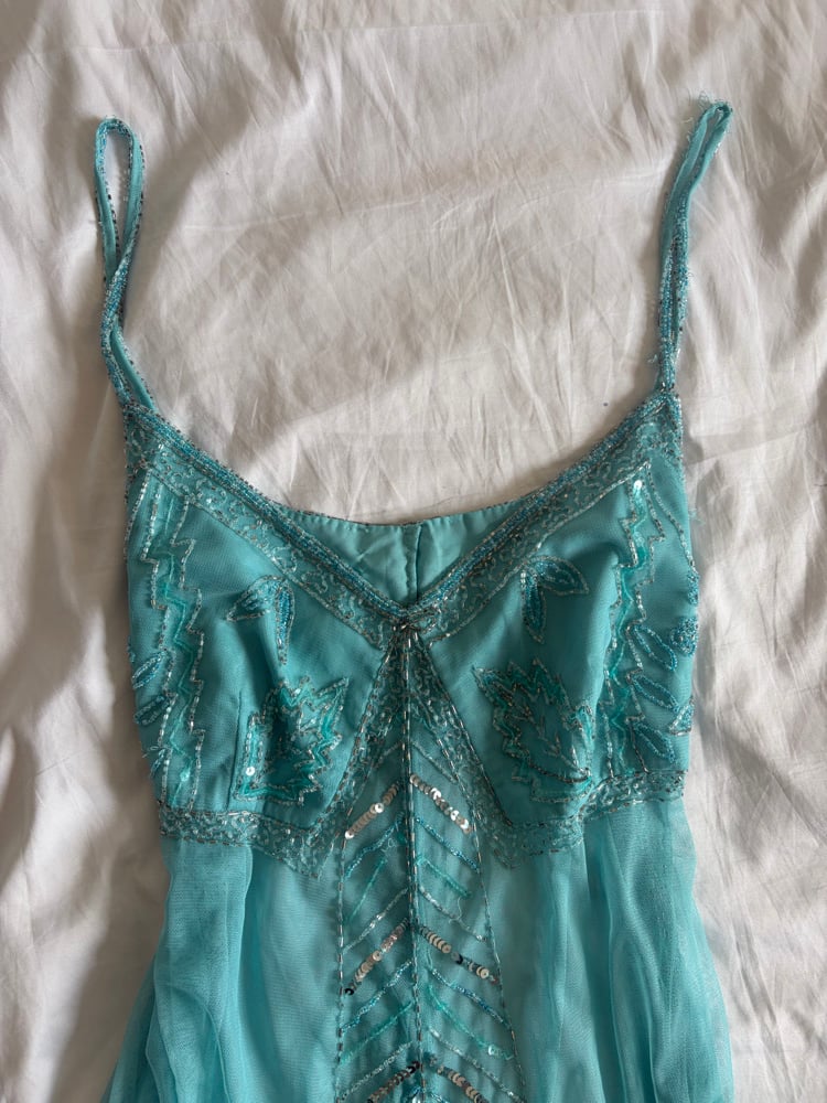 Vintage Y2K turquoise handkerchief hem sequin and beaded cami