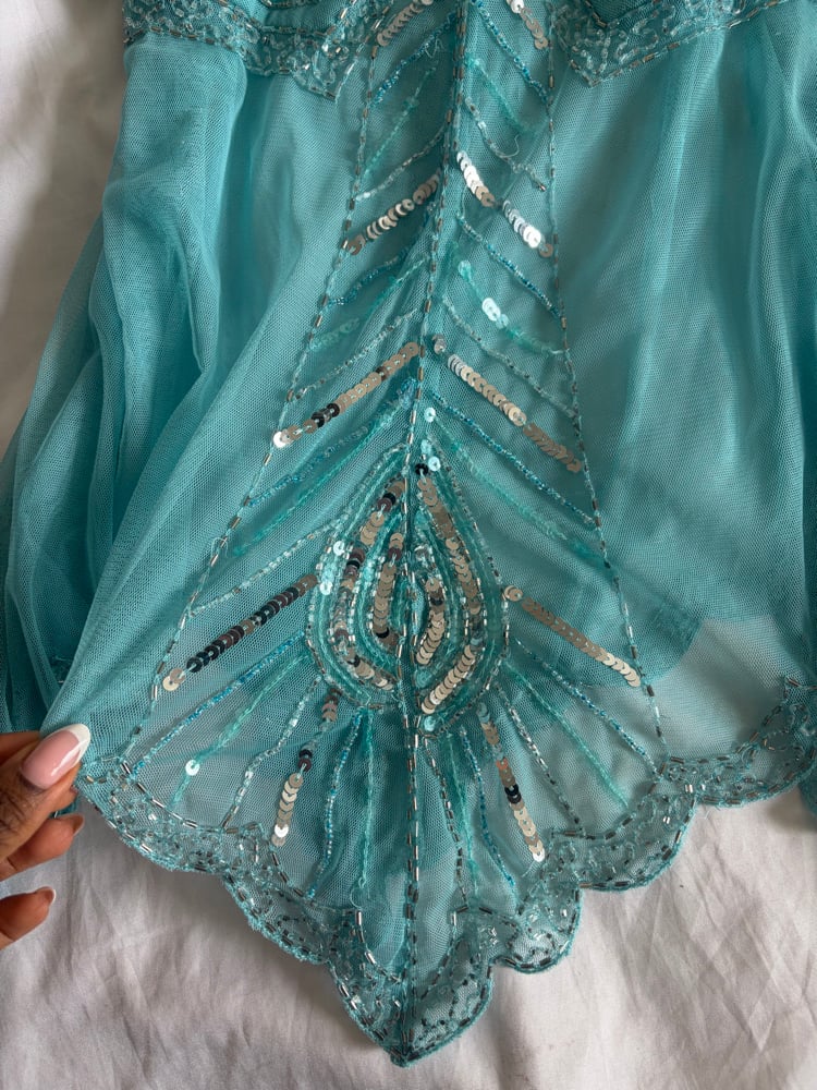 Vintage Y2K turquoise handkerchief hem sequin and beaded cami