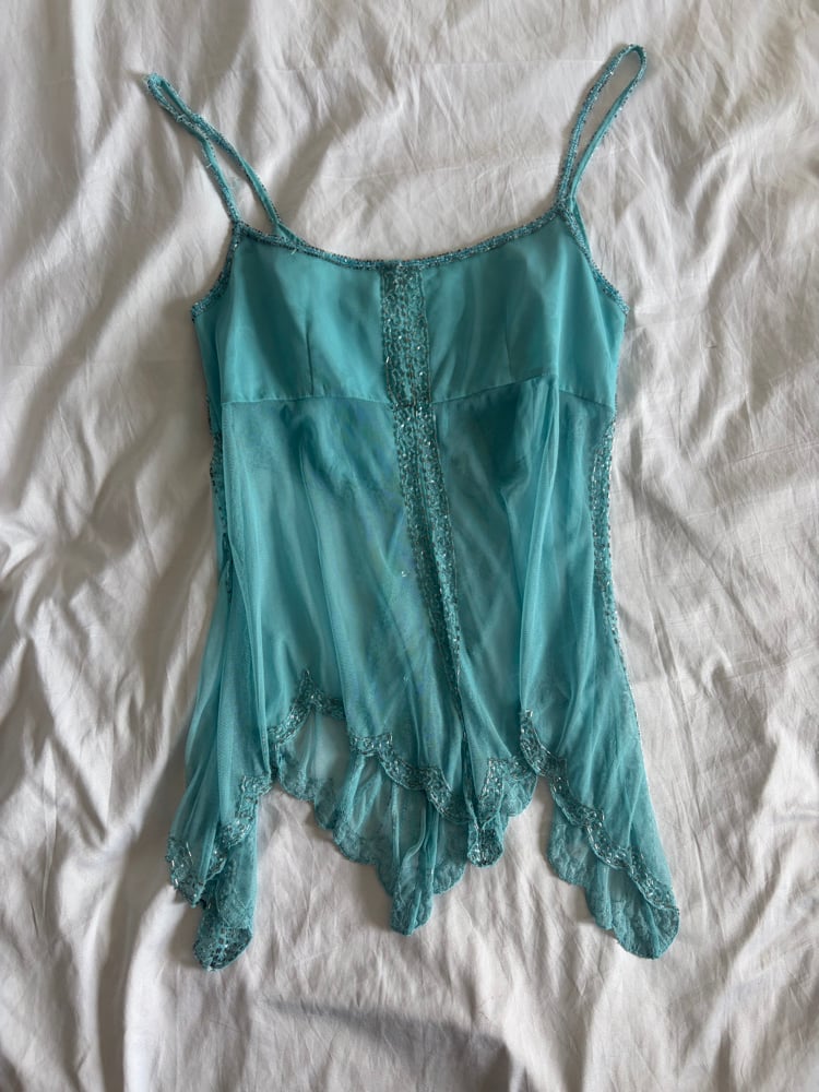 Vintage Y2K turquoise handkerchief hem sequin and beaded cami