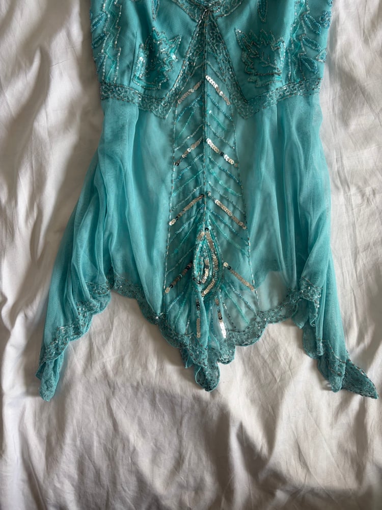 Vintage Y2K turquoise handkerchief hem sequin and beaded cami