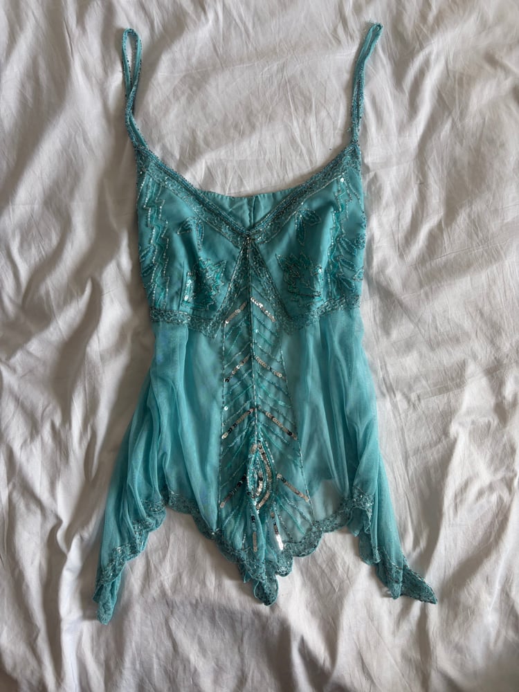 Vintage Y2K turquoise handkerchief hem sequin and beaded cami