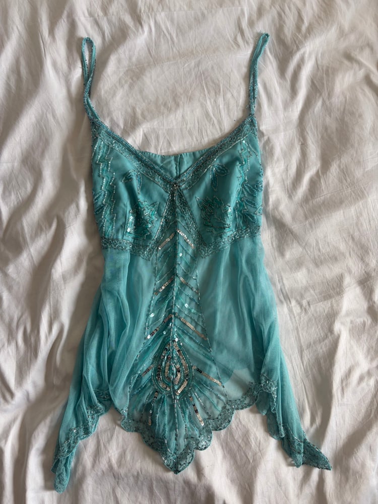 Vintage Y2K turquoise handkerchief hem sequin and beaded cami