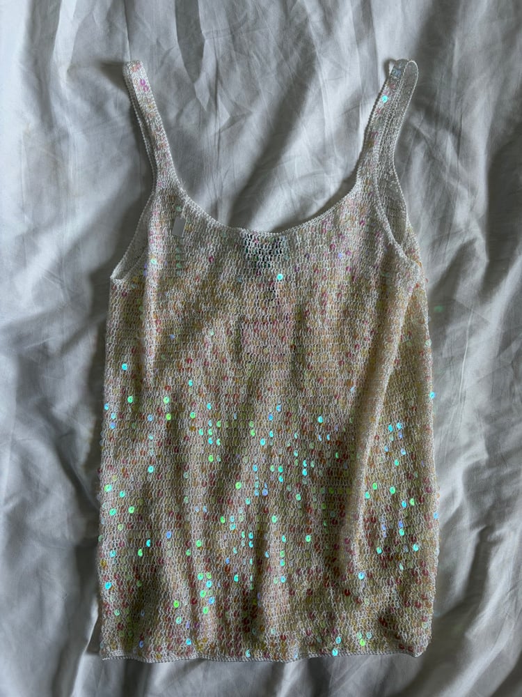 Vintage Y2K white iridescent sequin crochet cami