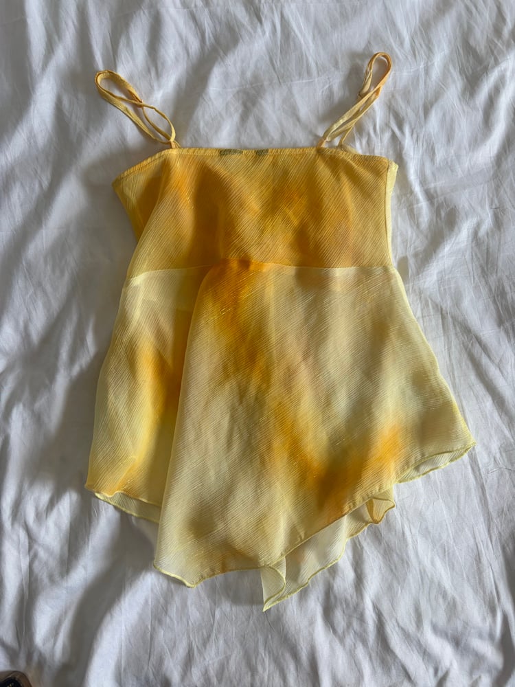 Vintage Y2K yellow ombre sunset sparkly asymetrical hem cami with ruched bust