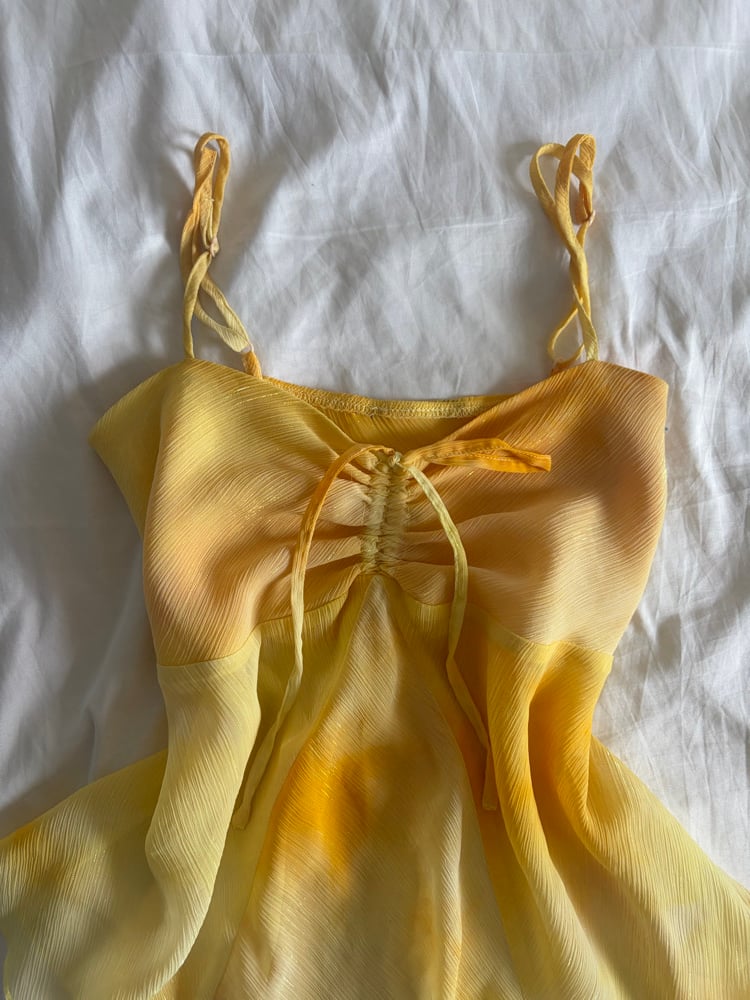 Vintage Y2K yellow ombre sunset sparkly asymetrical hem cami with ruched bust