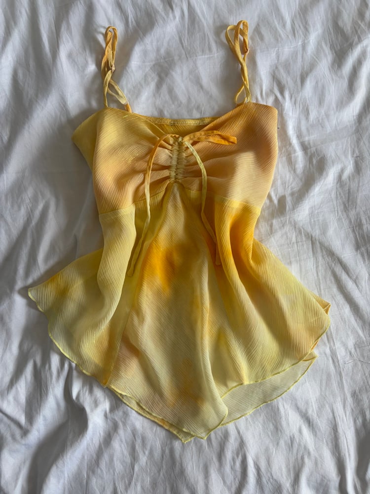 Vintage Y2K yellow ombre sunset sparkly asymetrical hem cami with ruched bust